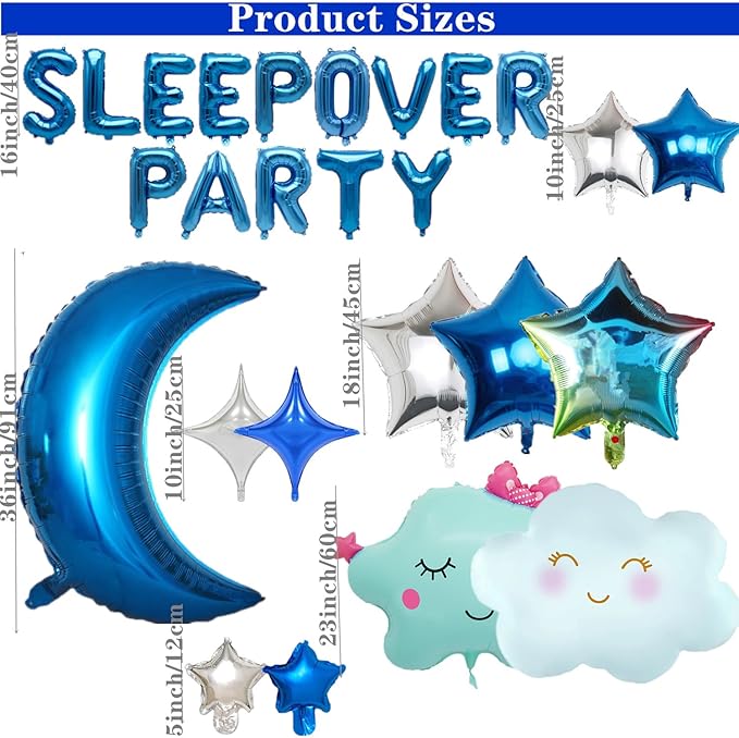 47 Pieces Sleepover Party Decoration Blue Sleepover Birthday Party Balloons Banner Cute Moon Star for Kids Boys Girls Pajamas Slumber Night Out Party Decoration (Black)