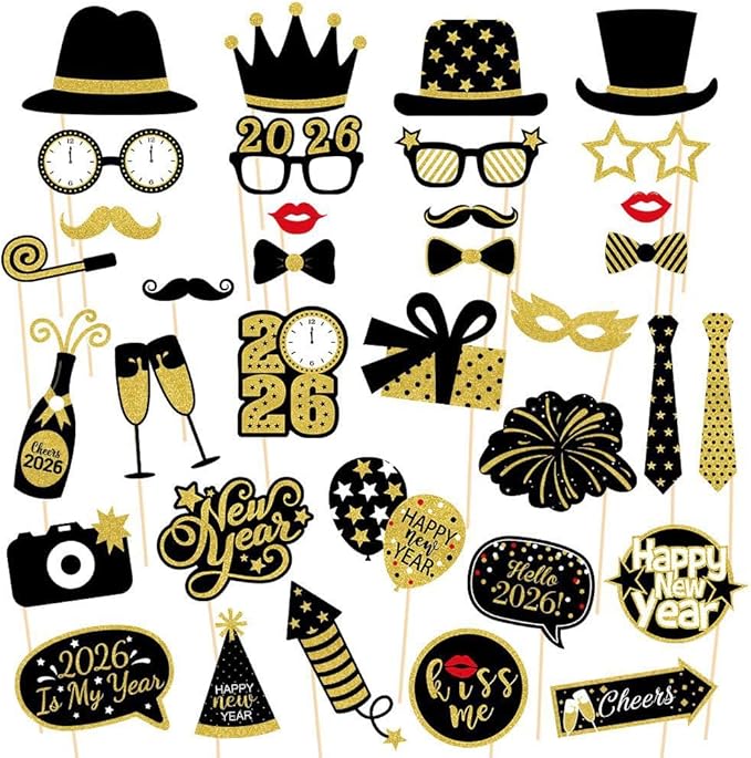 New Year’s Photo Booth Props 2026 – Pack of 35, Nye | Eve Party Supplies Happy Year Decorations