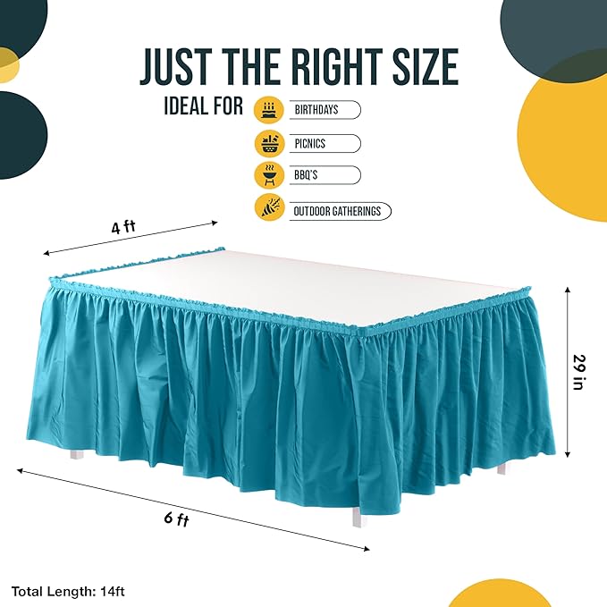Exquisite Ruffle Table Skirt Turquoise 6 Pack 14 Ft Long for Rectangle 6ft Plus or Round Tables With Adhesive Strip for Gender Reveal Decor & Happy Birthday Parties