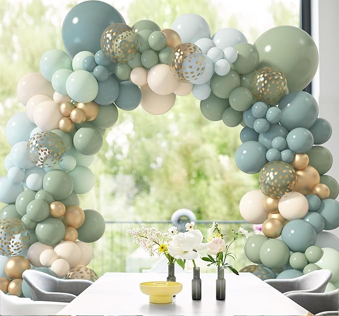 Amandir 173Pcs Dusty Blue Green Balloon Garland Arch Kit, Haze Fog Blue Ash Mist Sage Green Sand White Gold Confetti Balloons for Baby Shower Wedding Bridal Boho Birthday Party Backdrop Decorations