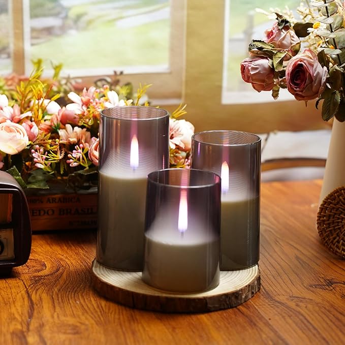 3Pack Flameless Candles, LED Candles, Flameless Candle with Remote Control，with Timer 2/4/6/8H，Flickering flameless Candles Ldeal for Setting The Mood（Grey）(D 3" xH 4" 5" 6")