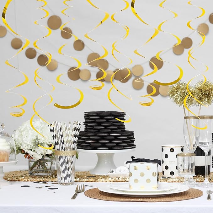24 PCS Gold Foil Hanging Swirl,Sparkle Ceiling Hanging Decorations, Plastic Streamer Party Decorations,Swirl Decorations with Double-Swirls and Single-Swirls for Birthday,Thanksgiving Day,Baby Shower