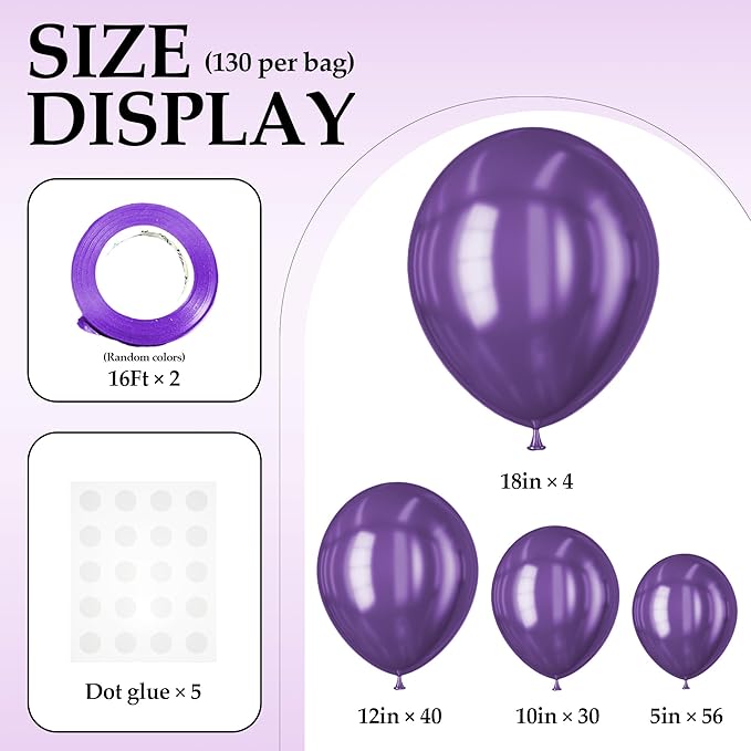 130PCS Metallic Purple Balloons, Latex Balloon Different Sizes 18/12/10/5 In, Helium Balloons with Ribbon, Party Balloon for Birthday Wedding Graduation Anniversary Baby Shower Decoration