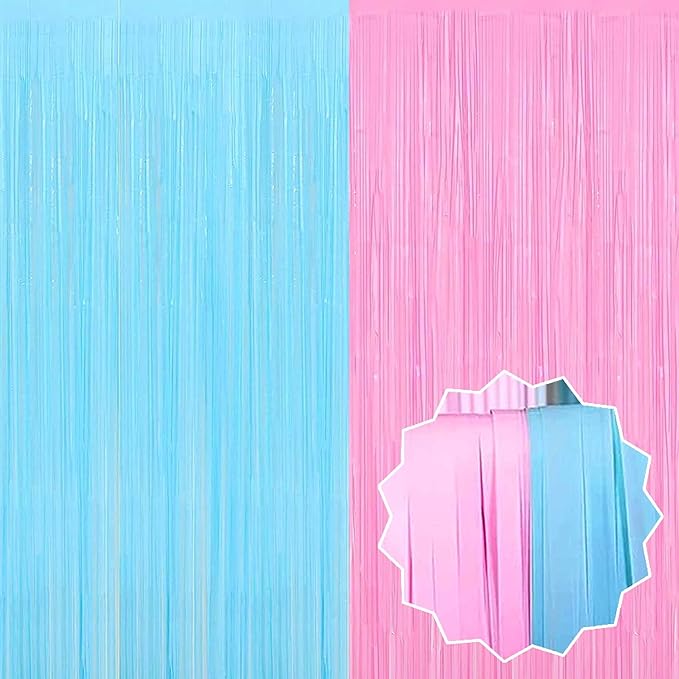 6 Pack Macaron Pink Blue Foil Fringe Curtains Backdrop, 3.28 x 8.2 Ft Metallic Streamers Tinsel Curtains Background for Photo Booth, Birthday, Christmas, Halloween, New Year Party Decorations