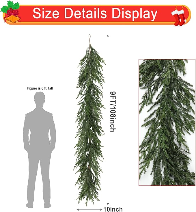 Artgar 9 FtPine Garland - Real Touch Pine Garland - Artificial Greenery Christmas Garlands - Green Cedar Garlands for Mantel Staircase Tabletop Home Indoor Outdoor Winter Christmas Decor