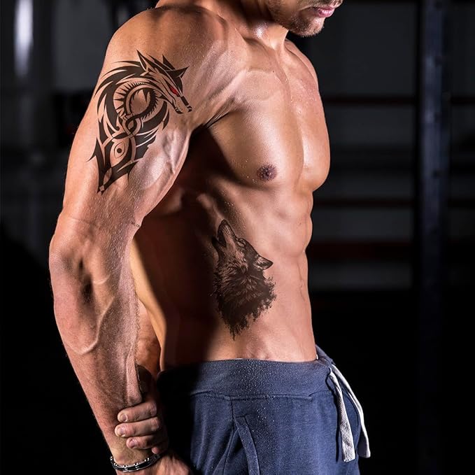 12 Sheets Large Wolf Tribal Temporary Tattoos for Men & Women – 7.4"x4.7" Black Totem Animal Fake Tattoo Stickers, Waterproof Removable Body Art for Chest Arm Back Shoulder