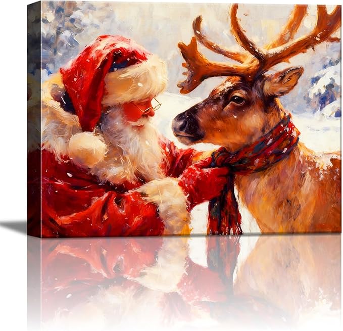 Santa's Reindeer Framed Christmas Wall Art - Festive Holiday Canvas Prints for Living Room Decor, Santa Claus Themed Bedroom Wall Decoration, Ready-to-Hang Christmas Gift Artwork for Home & Office