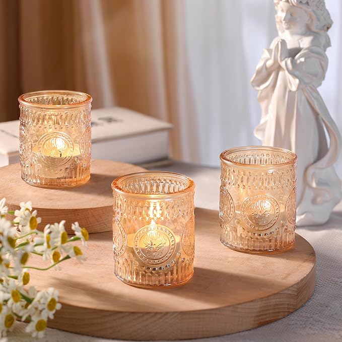12 Pcs Gold Votive Candle Holders, Glass Candle Holders Embossed Tea Light Candle Holder for Wedding Table Centerpiece, Home Decor, Birdal Shower, Party