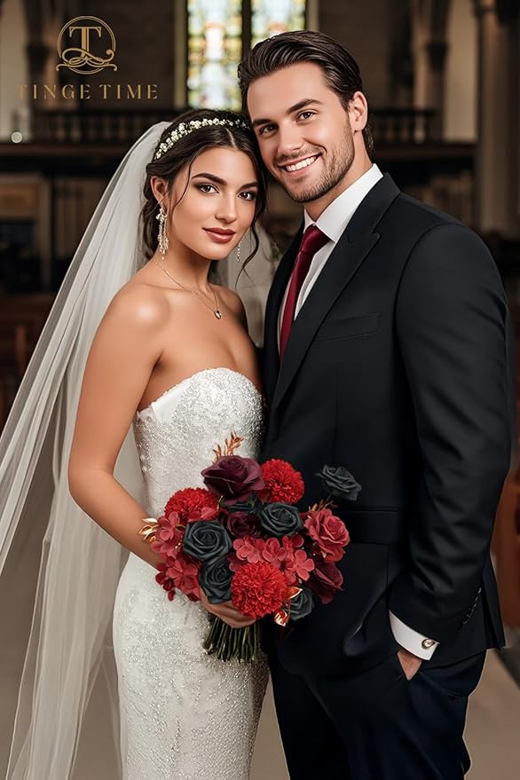 TINGE TIME Rose Artificial Flowers Combo, Gradient Color Faux Foam Roses with Stems for DIY Wedding Bridal Shower Party Table Centerpieces Fake Floral Arrangement Home Decor (Gothic Black & Red)