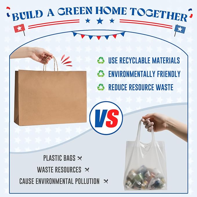 MESHA Gift Paper Bags 200 Pack 16X6X12 Brown Large Shopping Kraft Bags Bulk with Handles Reusable for Business,Grocery,Birthday,Wedding,Kids Party,Favors