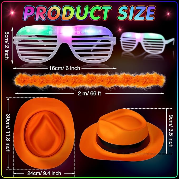 54 Pieces Neon Party Supplies Glow in The Dark Parties Supplies 18 Pcs Neon Gangster Party Hats 18 Pcs Light up Glasses with Colorful Feather Boas for Christmas 80's Raves Carnival Hora Loca Parties