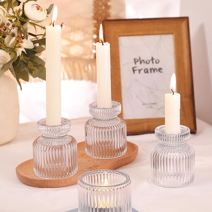 DARJEN 12 Pcs Glass Candlestick Holders- Clear Taper Candle Holders Tealight Votive Candle Holders for Table Centerpieces, Wedding, Dinner Party, Home Decor