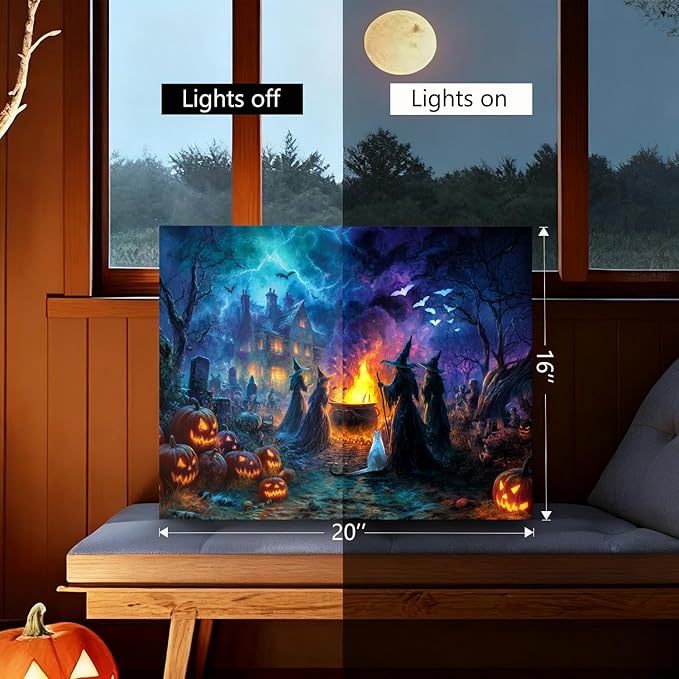 Halloween LED Wall Art 20x16 Inch-Haunted Home Gift, Lighted Canvas Decor with Pumpkin Haunted House Witch & Skull, Battery Powered with Timer, Spooky Indoor Decor for Halloween Party