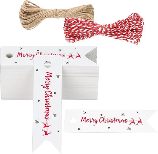 G2PLUS Small Merry Christmas Tags - 100Pcs Deer Xmas Present Tags, 2.8''x0.8'' White Paper Gift Tag with String for Gift Wrapping, Goodies Bags, Christmas Holiday Party Favors