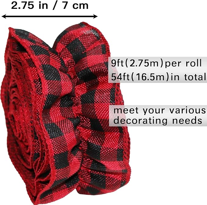 Jishi Christmas Tree Ribbon Garland Buffalo Plaid Christmas Decorations, 9 Ft X 6 Rolls Red and Black Buffalo Check Fabric Tree Ribbon Garland, Vintage Farmhouse Country Rustic Xmas Holiday Home Decor
