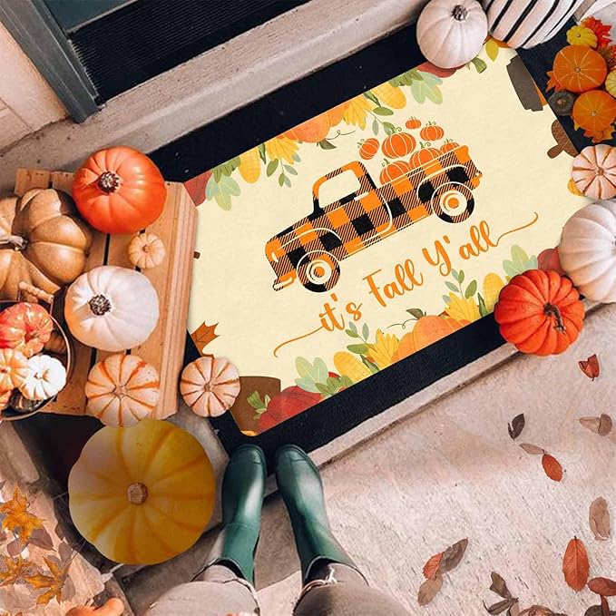 Thanksgiving Doormat Fall Welcome Buffalo Plaid Truck Door Mat Front Door Outdoor Doormat Outside Entrance Porch Non Slip Rubber Rug Autumn Halloween Thanksgiving Farmhouse Decor, 30"x18"inch