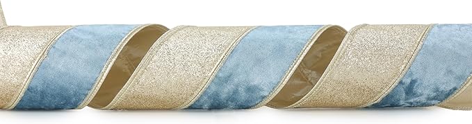Dusty Blue Velvet Wired Christmas Ribbon 4 Inch Extra Wide Thick Blue and Gold Glitter Holiday Ribbon – 10-Yards Roll for Tree Decorations, Gift Wrapping, Wreaths, and DIY Crafts