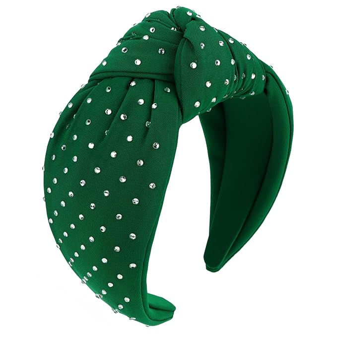 YISSION Green Rhinestone Knotted Headband for Women, Sparkly Crystal Embellished Hair Hoop, Elegant Wide Top Knot Hair Accessory for Party, Wedding, Daily Styling