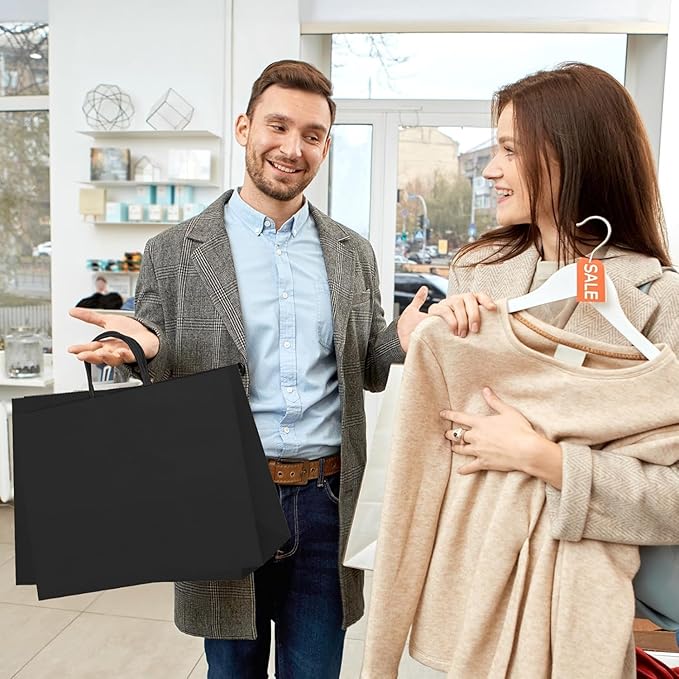 MESHA Gift Paper Bags 200 Pack 16X6X12 Black Large Shopping Kraft Bags Bulk with Handles Reusable for Business,Grocery,Birthday,Wedding,Kids Party,Favors