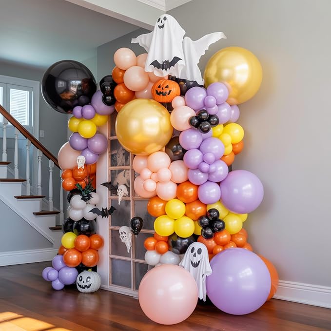 Halloween Balloon Arch Kit,120PCS Halloween Pastel Pink Black Orange Purple Balloons, Ghost Foil Ballons for Halloweenday Party Decorations BOO Party Supply Birthday,Baby Shower