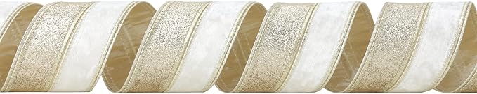 Ivory Velvet Wired Christmas Ribbon 2.5 Inch Ivory and Gold Glitter Holiday Ribbon – 10-Yards Roll for Tree Decorations, Gift Wrapping, Wreaths, and DIY Crafts