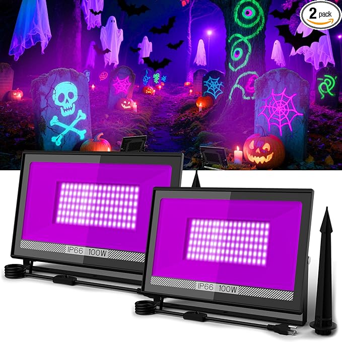 T-SUN 100W LED Black Lights, Blacklight Flood Lights with Plug, IP66 Waterproof Black Light for Glow Party, Halloween Decorations, Fluorescent Poster, Body Paint, Bedroom, Neon Glow, Aquarium