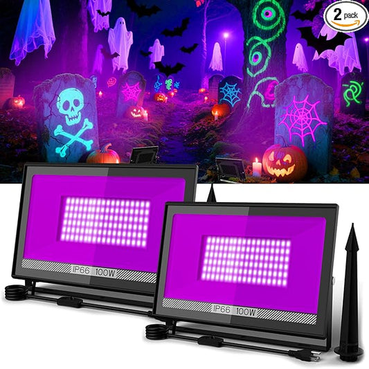 T-SUN 100W LED Black Lights, Blacklight Flood Lights with Plug, IP66 Waterproof Black Light for Glow Party, Halloween Decorations, Fluorescent Poster, Body Paint, Bedroom, Neon Glow, Aquarium