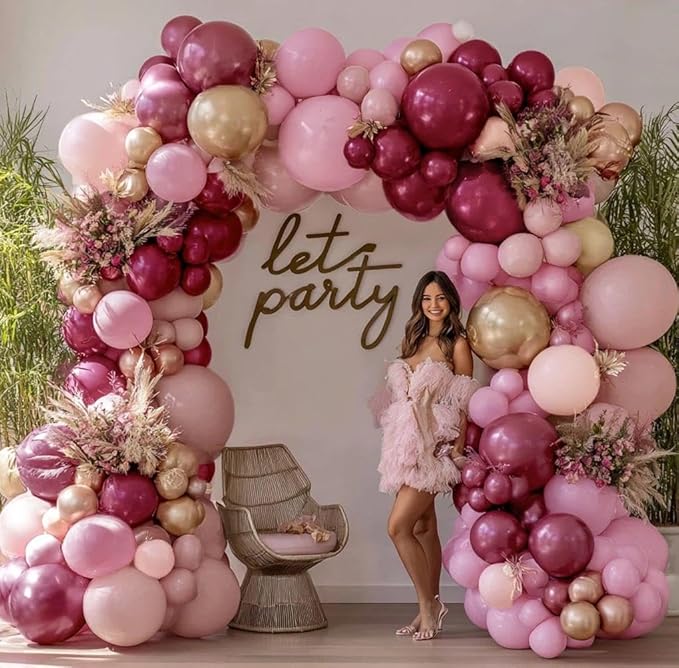 Burgundy Pink Balloon Garland Double Stuffed Pastel Light Pink Gold Mauve Balloons Maroon Lavender Latex Plum Balloon Arch Kit for Women's Birthday Wedding Baby Shower Decoration