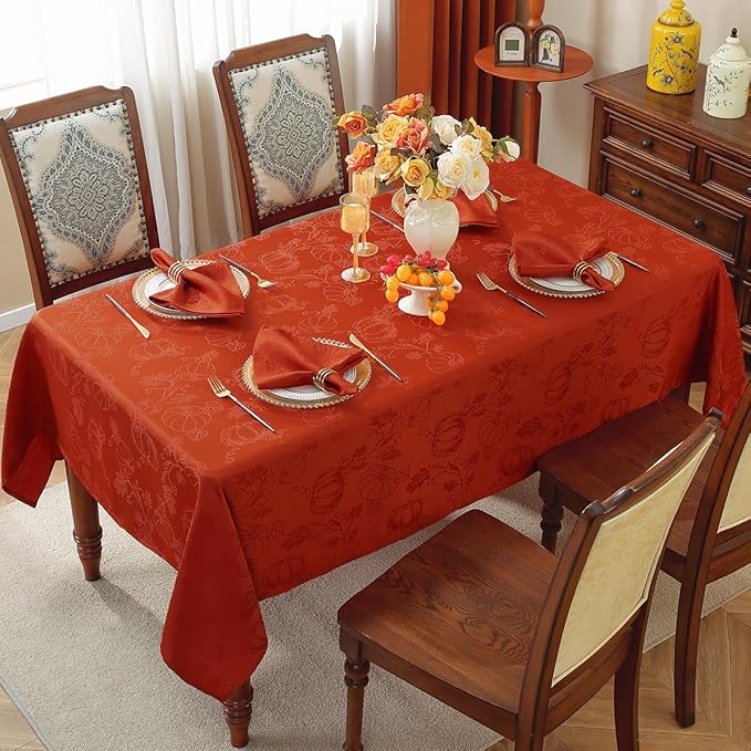 SASTYBALE Thanksgiving Tablecloths for Rectangle Tables Jacquard Fall Table Cloth with Pumpkins and Vines Stain Resistant Table Cover for Autumn Harvest, Dining, Party Decor (60 x 120 Inch, Red Rust)