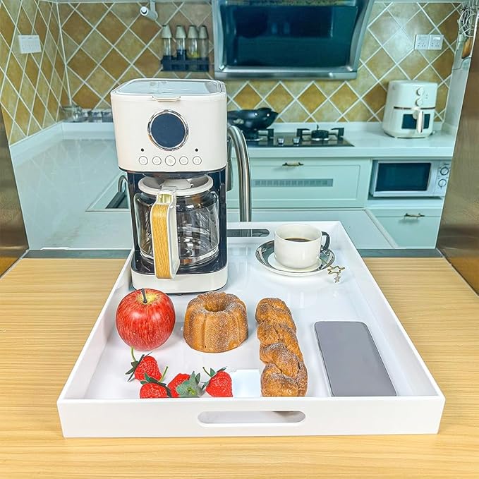 White Rectangular 16x20 Inches Acrylic Ottoman Tray Decorative Serving Tray with Cutout Handles Organizer Tray on Coffee Table Countertop Big Breakfast Bed Tray Living Room Appetizer Serving Food