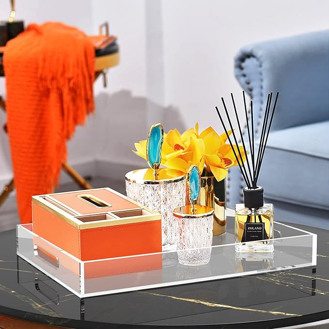 Acrylic Serving Trays with Handles, 16"x 12" Rectangle Sturdy Breakfast Tray, Clear Decorative Trays Organiser for Bedroom, Kitchen, Living Room, Bathroom, Hospital and Outdoors