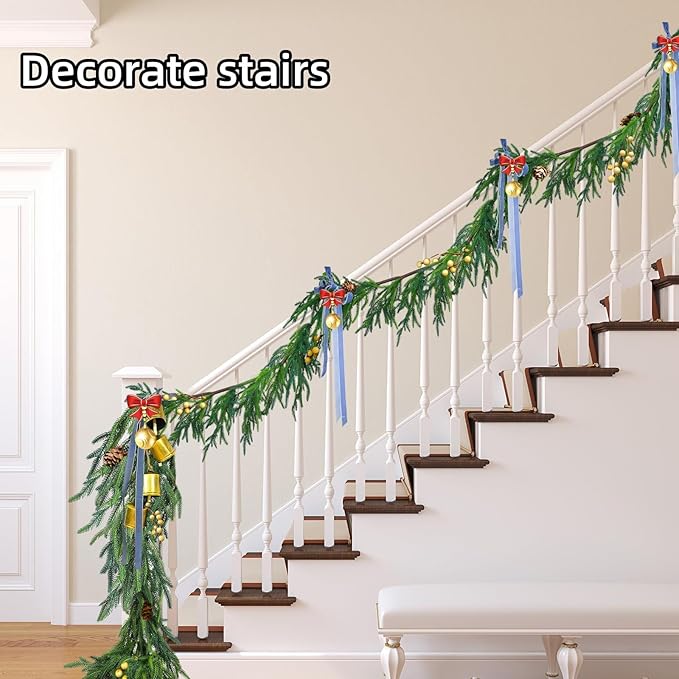Velasko 6 FT Norfolk Pine Garland, Christmas Green Artificial Real Touch Cedar Garland, Faux Cedar with Lights, for Table, Wall, Fireplace Indoor Outdoor Decor
