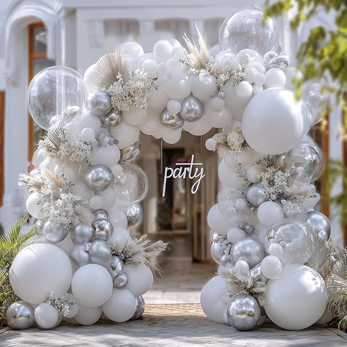 White Silver Balloon Garland Double Stuffed Clear Bobo White Pearl Balloon Arch Kit with Foil Balloons for Christmas New Year Birthday Wedding Baby Shower Anniversary Party Decorations