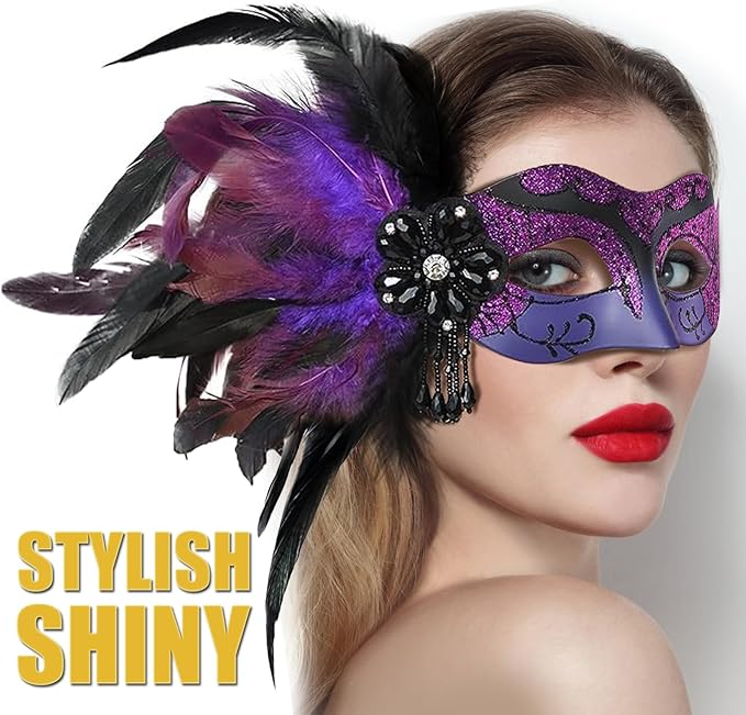 Masquerade Mask for Women Shiny Venetian Mask for Halloween Mardi Gras Costume Party Ball with Feather flower dec.
