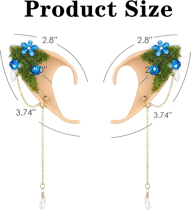 FRESHME Forest Mushroom Elf Ears, Soft Fairy Ears with Mushroom Moss and Flower Elven Ear Cuffs Halloween Renaissance Cosplay