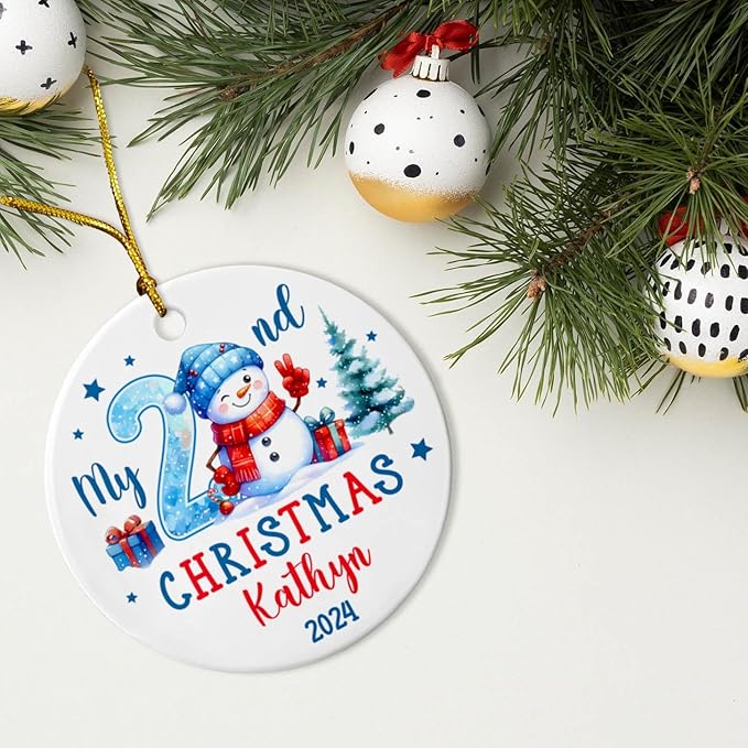 2025 Personalized Baby Second Christmas Ceramic Ornament, My 2nd Xmas Snowman Keepsake Gift for Son Daughter Grandkids, Custom Name & Year Xmas Tree Ornament for 2 Years Old Baby