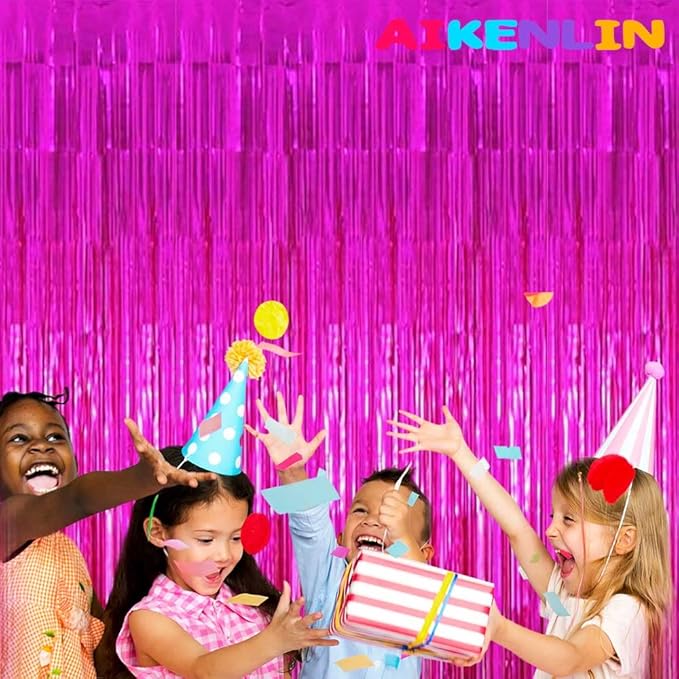 4 Pack 3.2Ft x 9.8Ft Fuchsia Foil Fringe Curtain Backdrop, Metallic Tinsel Foil Fringe Streamers Curtains for Party, Photo Booth Props, Birthday, Wedding, Christmas Party Decoration Supplies