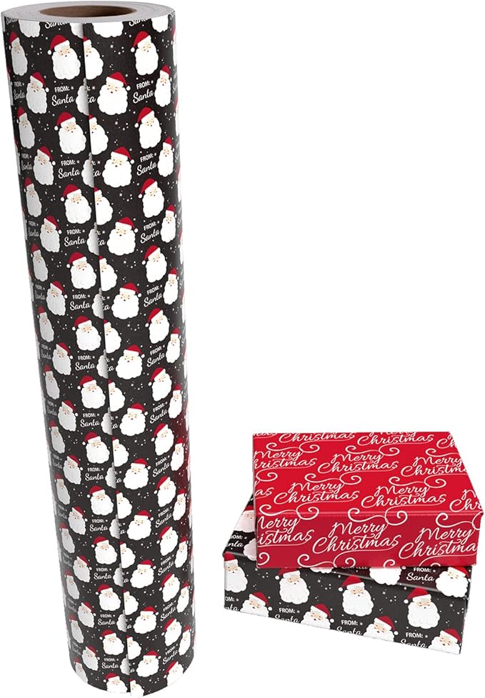 WRAPAHOLIC 30 Inch Jumbo Reversible Vintage Christmas Wrapping Paper - 30 Inch x 100 Feet Jumbo Roll Black Jolly Santa Wrapping Paper and Red Merry Christmas Design with Metallic Foil Shine for Holiday, Party