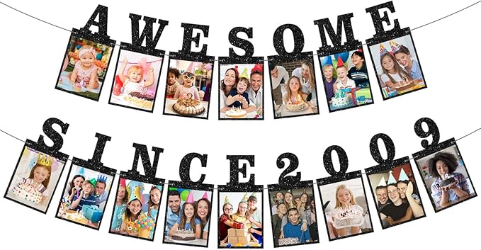 Pre-strung Awesome Since 2009 Photo Banner Birthday Decorations for Girls Boys- Black Glitter Sweet 16th Birthday and Anniversary Decorations Party Supplies