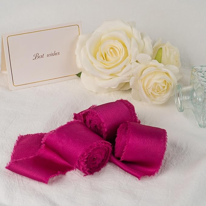 Satin Silk Ribbon, Hot Pink Ribbon for Wrapping, 1-1/2 inch x 15 Yd Handmade Frayed Fringe Ribbons, for Valentine's Day, Wedding Engagement Anniversary Shower Bouquets Invitation, 3 Rolls