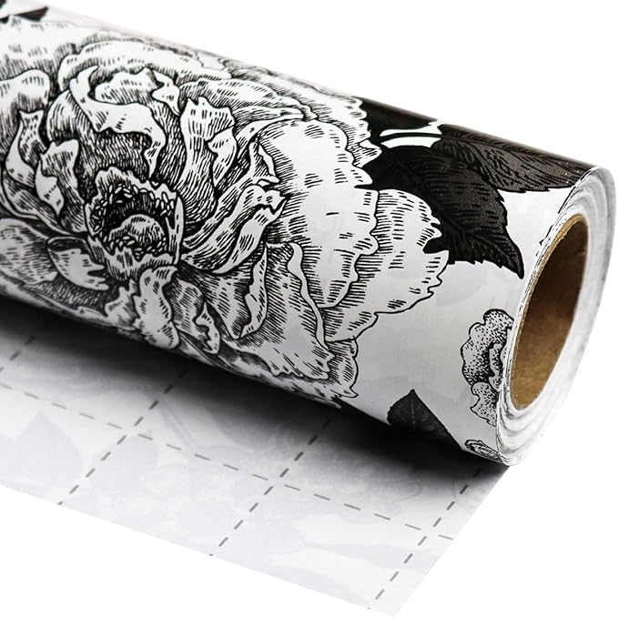 YXTII Black and White Wrapping Paper with Cut Lines, Flower Gift Wrap for Birthday, Wedding, Baby Shower, Valentines, Christmas, Bridal Shower, 17 Inches x 9.8 Feet, Mini Roll