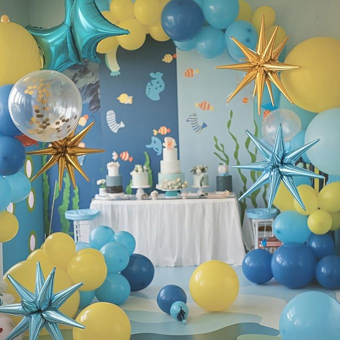 120PCS Blue and Yellow Balloon Arch Kit, Light Blue Yellow White DIY Cartoon Theme with 2pcs 4D Star for Theme Birthday Anniversary Graduation Baby Shower Party Decorations