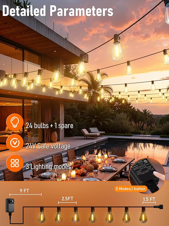 luckystyle 70FT LED Outdoor String Lights with Remote, 24+ 1 Shatterproof Bulbs Waterproof and Dimmable Patio Lights for Porch, Garden, Backyard, Deck, Balcony, 2700K Hanging Lighting