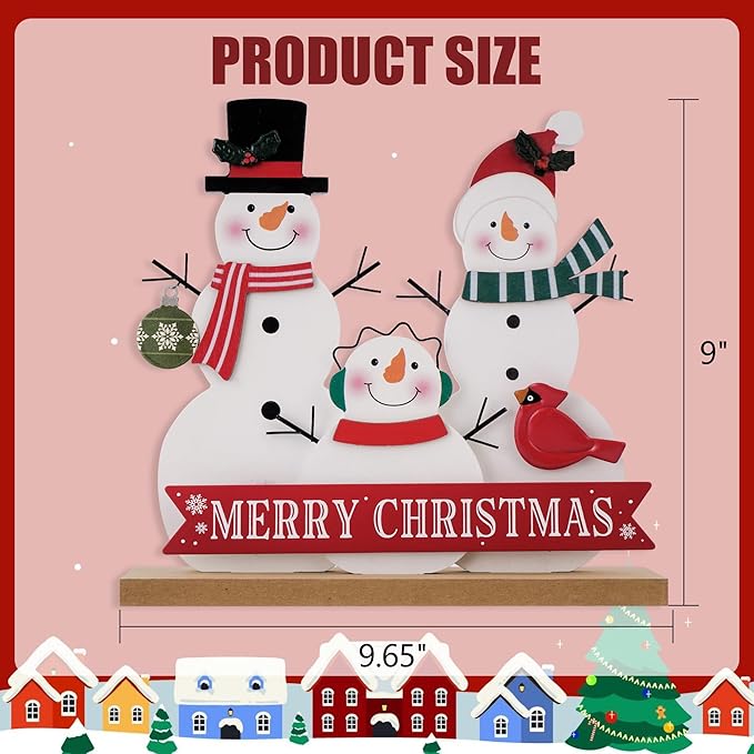 Christmas Decorations for Home Farmhouse Merry Christmas Decor Indoor Wooden Snowman Sign Snowmen Family Rustic Winter Vintage Holiday Block Tabletop for Kitchen Xmas Party Mantel Tiered Tray Gift