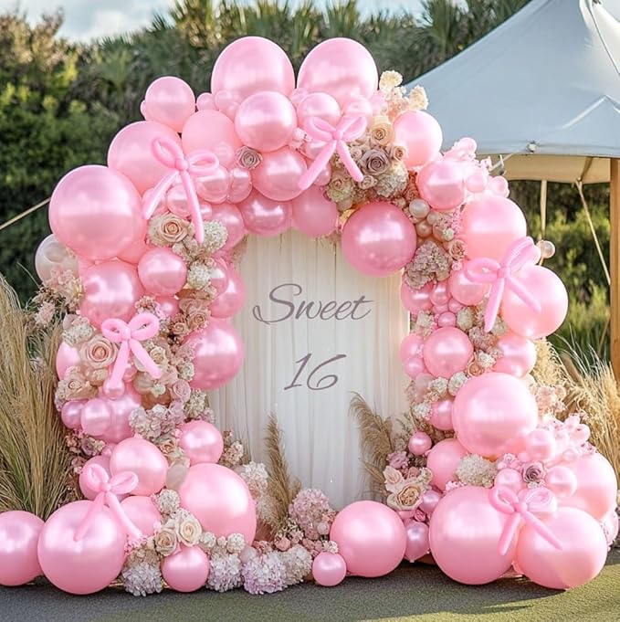 Pearl Pink Balloon Double Stuffed Pearl Balloons Garland Hot Baby Pink Arch Kit with Long Balloons Different Size for Birthday Wedding Girl Baby Shower Anniversary Decoration