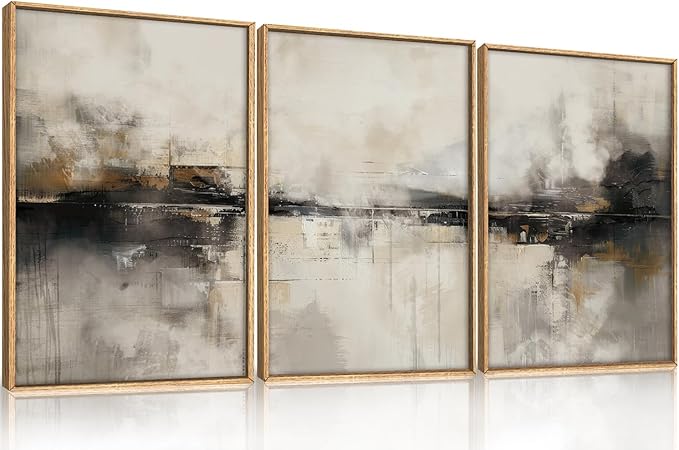 HOURIA Large Neutral Black Brown Framed Canvas Wall Art Set,Abstract Gray Wall Decor,Minimalist Beige Wall Painting,Modern Illustrations Tan Art Print for Living Room, Bedroom, Office- 16"x24"x3