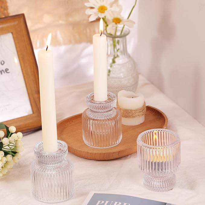 6 Pcs Clear Glass Candlestick Holders with Vertical Stripes - Dual-Use for Taper Candles & Votive/Tea Lights, Taper Candle Holders for Dining Table, Wedding, Home, Party Decor, Gifts