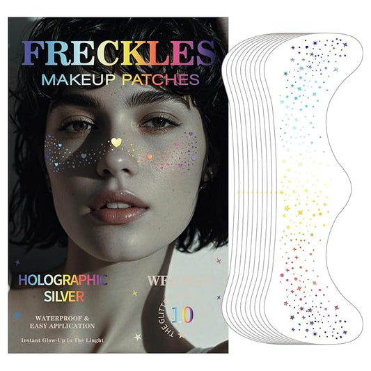 10 Pcs Holographic Multicolor Glitter Freckles, Glow Up Laser Silver Glitter Freckles Face Tattoo, Waterproof Face Sparkle Freckles, Long-lasting 48h Temporary Tattoos for Women