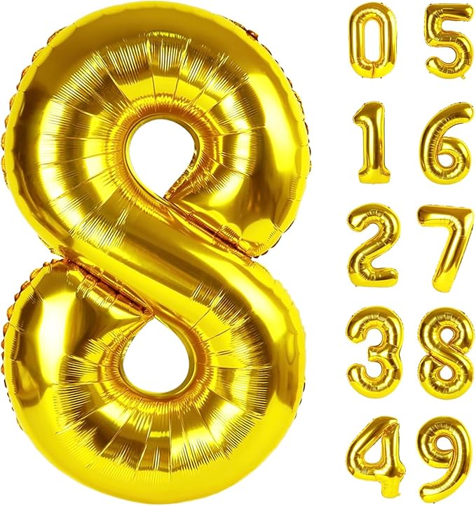 Gold Foil Number 8 Balloon 40 Inch, Helium Mylar Eight Number 8 18 28 38 48 58 88 Birthday Balloons, 8th Gold Women Men Wedding Anniversary, Graduations Party Supplies