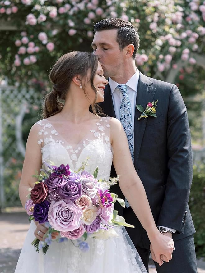 Roses Artificial Flowers Purple Fake Flower with Stems Bulk for DIY Wedding Bouquets Bridal Baby Shower Centerpiece Table Decorations Silk Faux Floral Arrangements for Party Home Decor Indoor